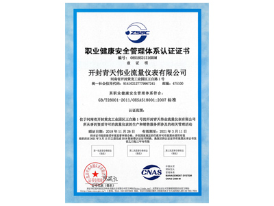 職業健康安全管理體係認（rèn）證證書
